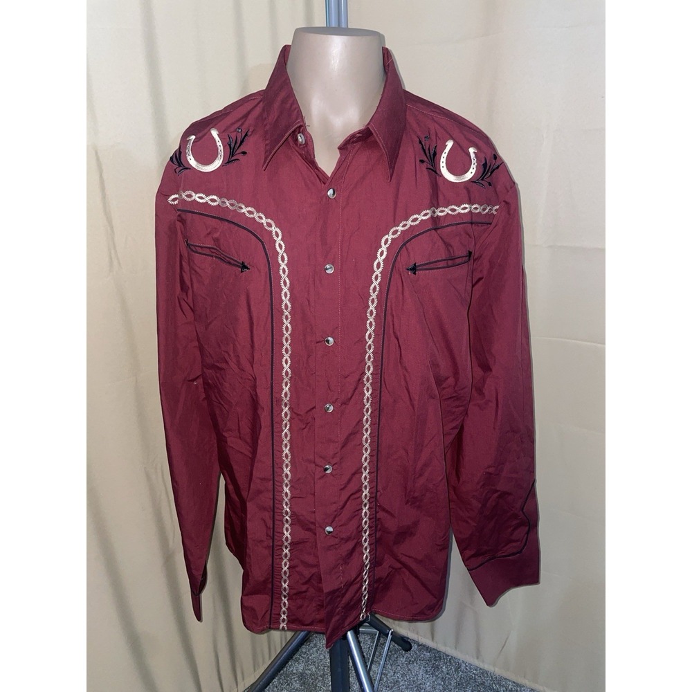 Rodeo Clothing Co Mens Burgundy Horsehoe Embroidered Western Pearl Snap Shirt XL
